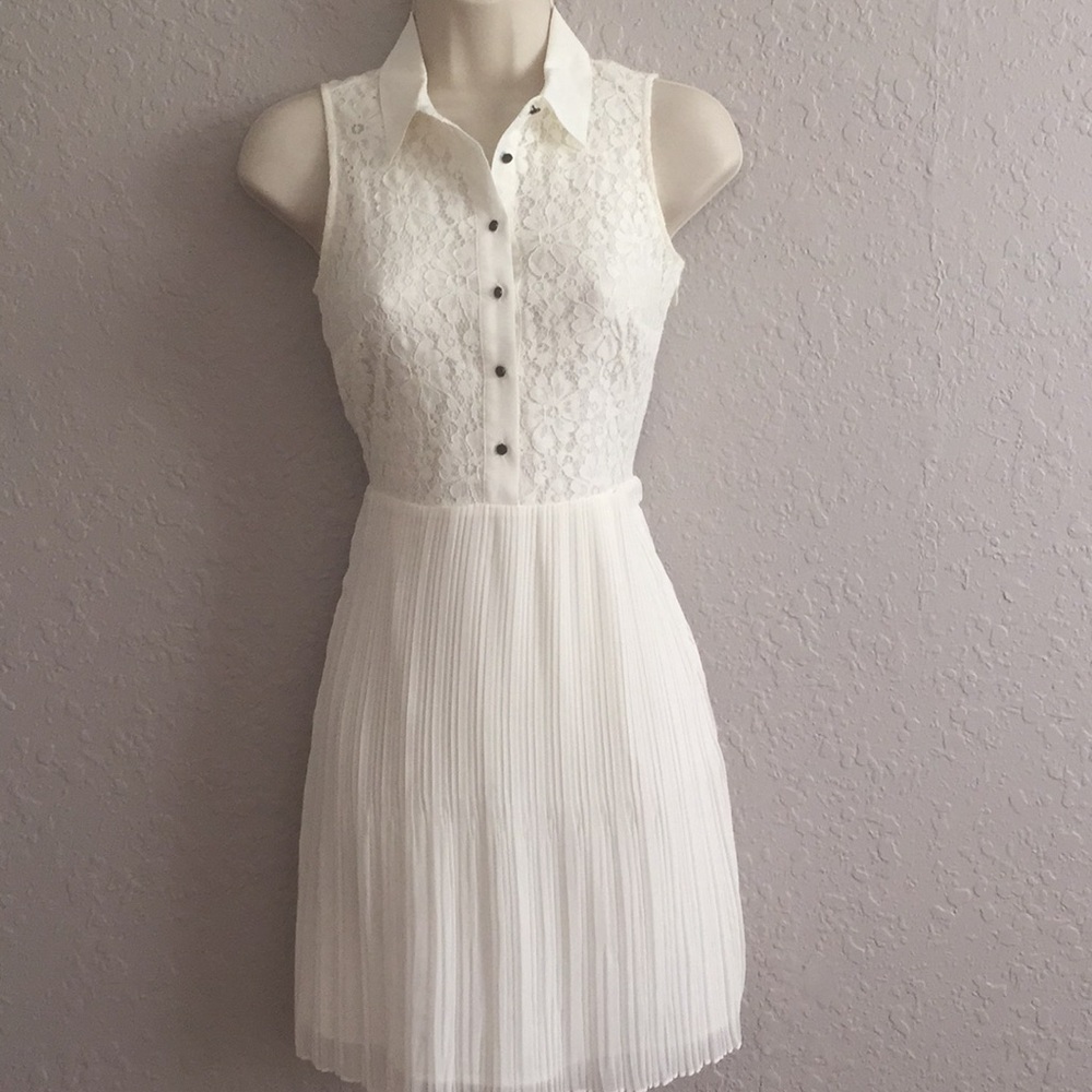 Cream Dress w/ Lace Top w/ buttons, Pleated Bottom